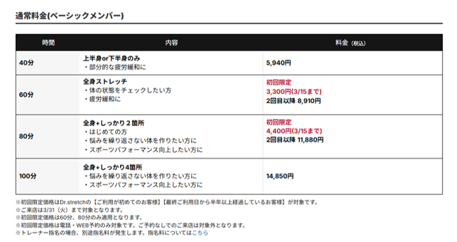 ドクターストレッチの料金